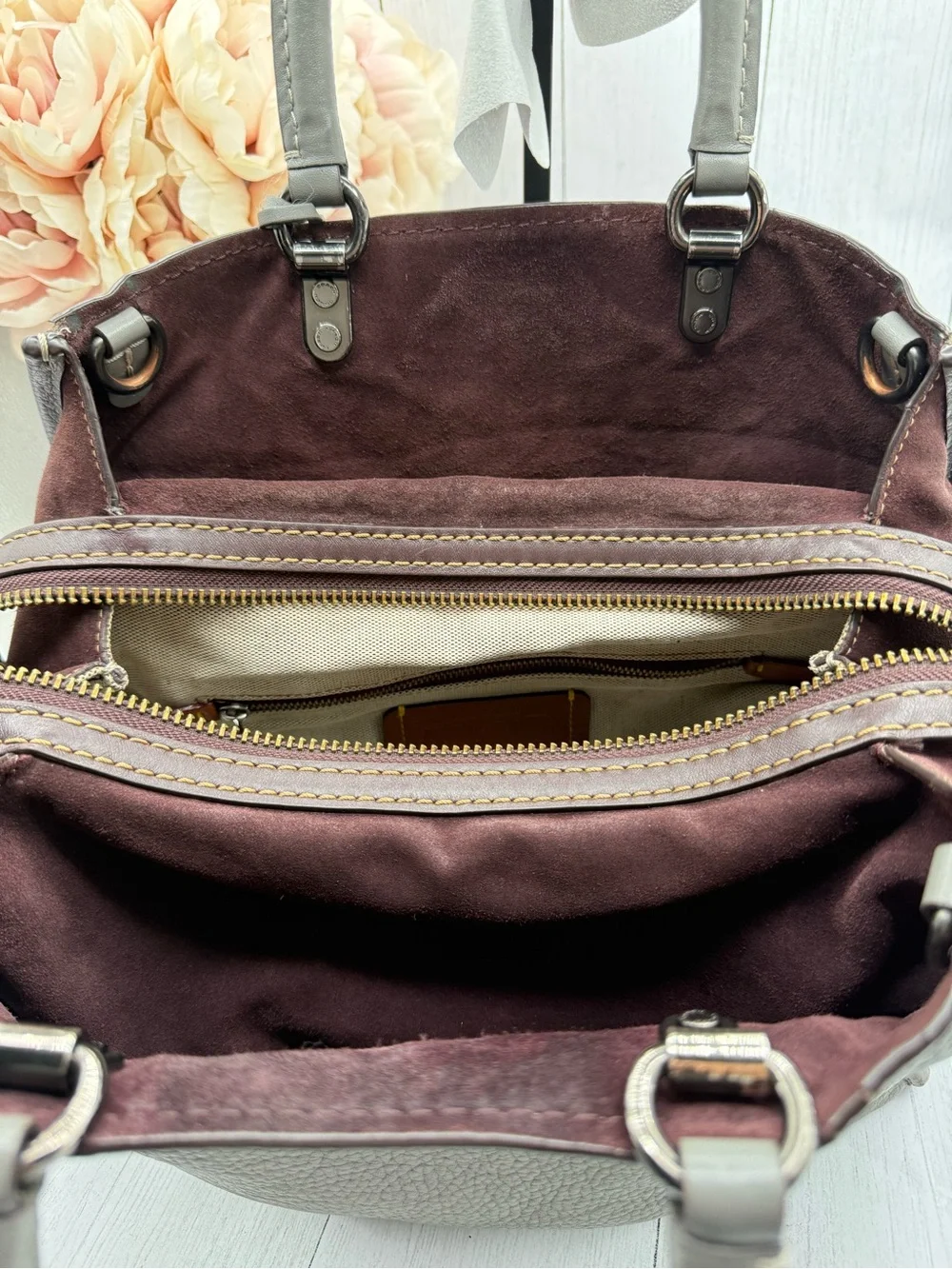 Coach Rogue 31 Grey Pebbled Leather with Maroon Side Panels. Model 23755